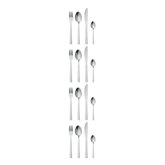 Set de tacamuri din 16 piese din inox cu patru seturi asortate de furculite, linguri si cutite aranjate vertical