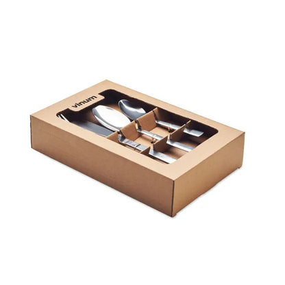 Set de tacamuri din 16 piese din inox prezentat într-o cutie maro de carton pentru uz zilnic