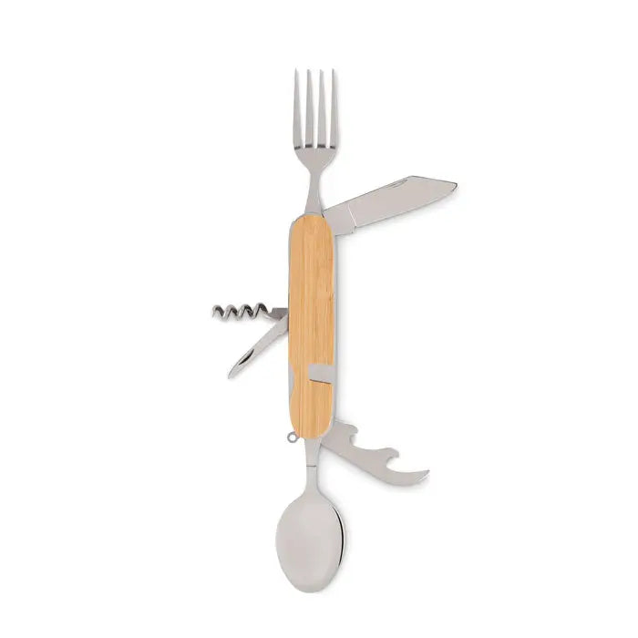 Set de tacamuri multifunctional cu mâner din bambus și unelte din oțel inoxidabil lustruit, inclusiv furculiță cuțit lingură tirbușon și deschizător de sticle