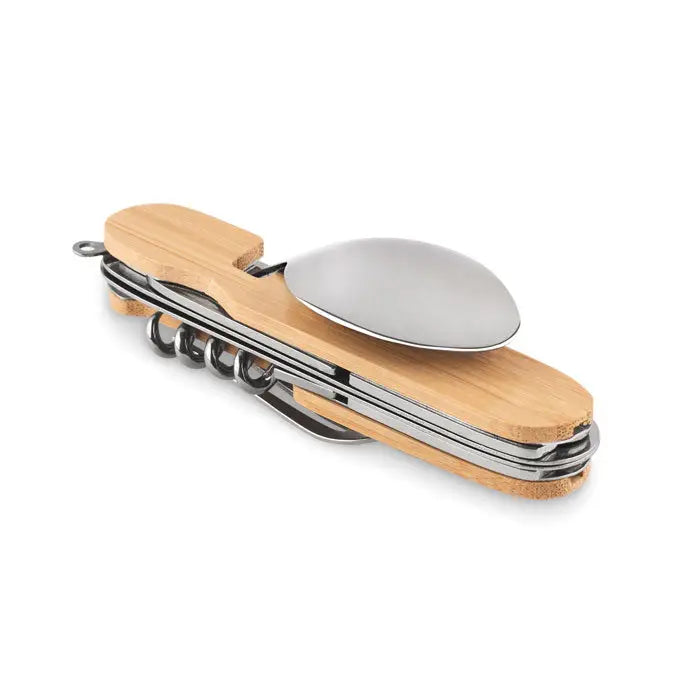 Set de tacamuri multifunctional cu lingura de camping din otel inoxidabil lucios si maner natural din bambus