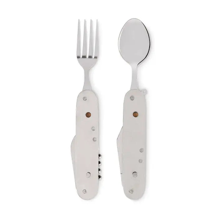 Set de tacamuri multifunctional pliabil argintiu cu furculita si lingura manere metalice cu accente circulare