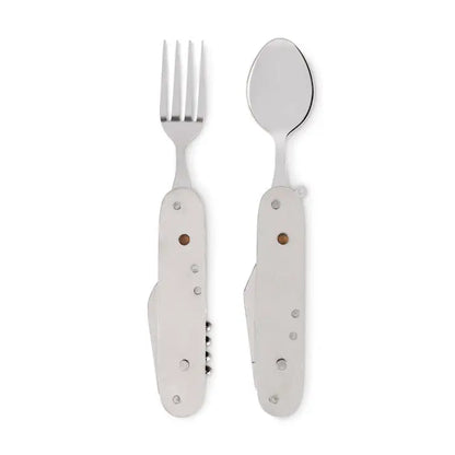 Set de tacamuri multifunctional pliabil argintiu cu furculita si lingura manere metalice cu accente circulare