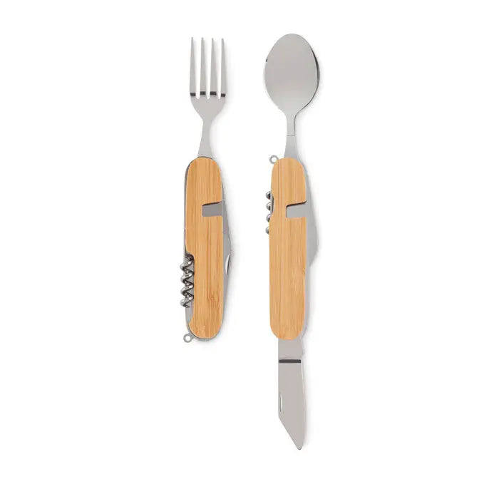 Set de tacamuri multifunctional cu mâner din bambus și accesorii din oțel inoxidabil pentru diverse utilizări
