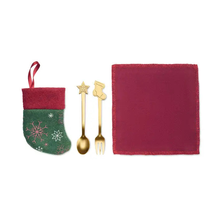 Set de tacamuri pentru desert de Craciun cu ornament brodat verde si rosu cu modele de fulgi de zapada