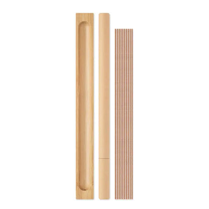 Set de tamaie din bambus cu suport natural color bambus si recipient cilindric asortat pentru betisoare de tamaie