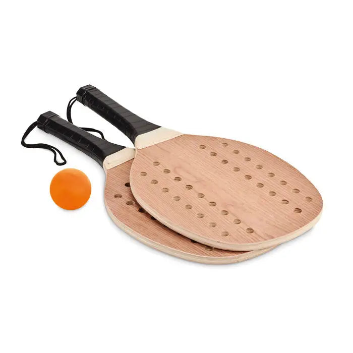 Set de tenis de plaja din lemn de trandafir cu paddle-uri maro deschis si minge portocalie