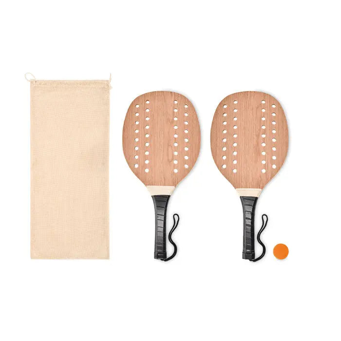 Set de tenis de plaja din lemn de trandafir cu palete maro deschis si mansoane negre si bila portocalie