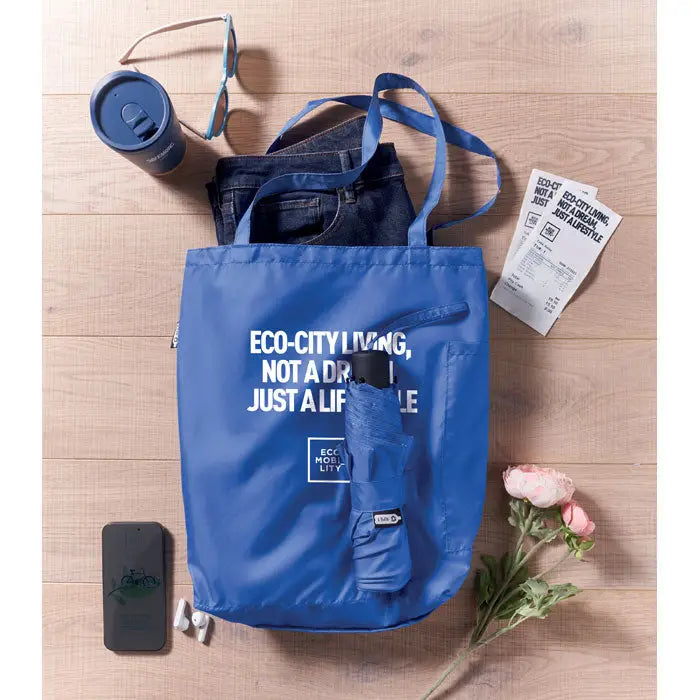 Set de umbrele rpet de 21 inch cu geanta albastra din material eco si text alb eco city living nu un vis ci o viata