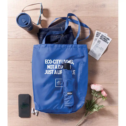 Set de umbrele rpet de 21 inch cu geanta albastra din material eco si text alb eco city living nu un vis ci o viata