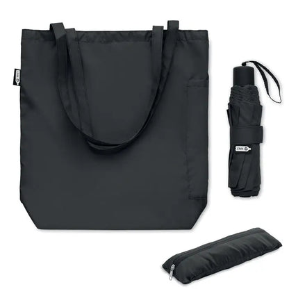 Set de umbrele rpet de 21 inch cu sacosa neagra din tesatura rpet cu buzunar lateral si umbrela compacta cu husă