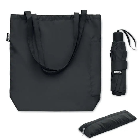 Set de umbrele rpet de 21 inch cu sacosa neagra din tesatura rpet cu buzunar lateral si umbrela compacta cu husă