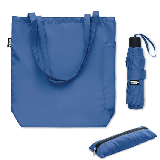 Set de umbrele rpet 21 inch cu geanta tote albastra din material reciclat si husă compactă pentru umbrelă
