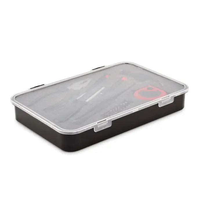 Set de unelte multiple de 25 piese cutie neagra din plastic cu capac transparent si clipsuri laterale clare