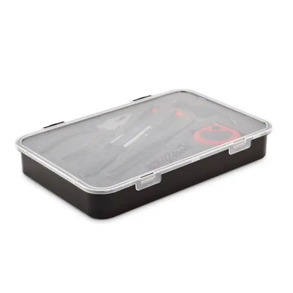 Set de unelte multiple de 25 piese cutie neagra din plastic cu capac transparent si clipsuri laterale clare