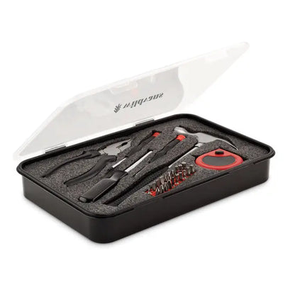 Set de unelte multiple de 25 de piese cu trusa black si red in carcasa transparenta cu insertii de spuma