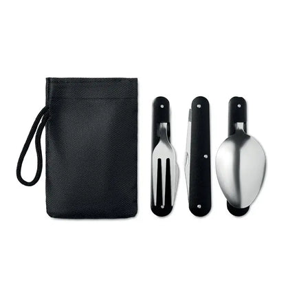 Set de ustensile de camping din 3 piese negru si argintiu cu manere negre si lame din otel inoxidabil