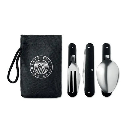 Set de ustensile de camping din 3 piese pliabil negru si argintiu in saculet textil negru