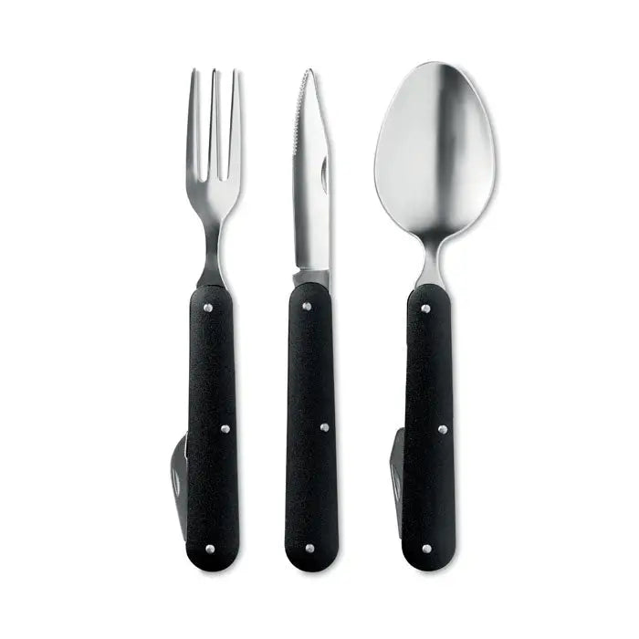 Set de ustensile de camping din 3 piese cu mâner negru și tacâmuri pliabile din oțel inoxidabil fork knife spoon