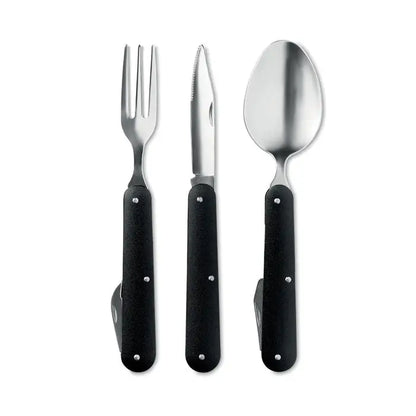 Set de ustensile de camping din 3 piese cu mâner negru și tacâmuri pliabile din oțel inoxidabil fork knife spoon