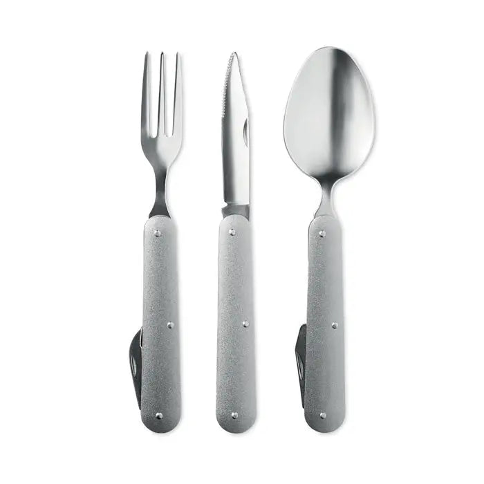 Set de ustensile de camping din 3 piese argintii pliabile cu manere mate texturate si lame metalice elegante