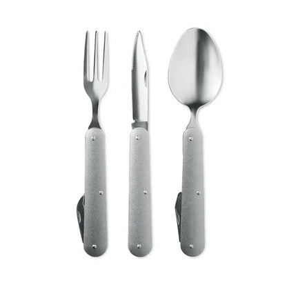 Set de ustensile de camping din 3 piese argintii pliabile cu manere mate texturate si lame metalice elegante