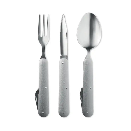 Set de ustensile de camping din 3 piese argintii pliabile cu manere mate texturate si lame metalice elegante