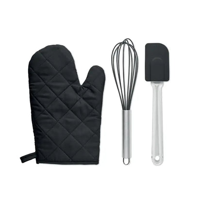 Set de ustensile de copt cu mănușă de cuptor din material matlasat negru cu mâner metalic argintiu și cataramă din material textil negru