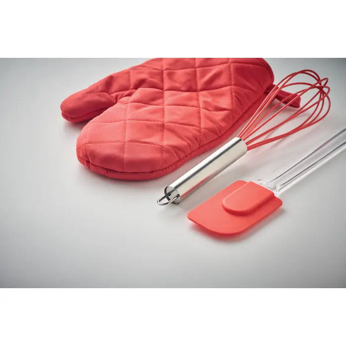 Set de ustensile de copt coral cu manusa de cuptor matlasata si spatula siliconica asortata cu tel metalic
