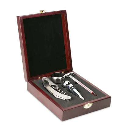 Set de vin clasic in cutie de lemn finisaj redwood cu accesorii de vin din otel inoxidabil inclusiv tirbuson termometru si dop