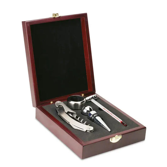 Set de vin clasic in cutie de lemn finisaj redwood cu accesorii de vin din otel inoxidabil inclusiv tirbuson termometru si dop