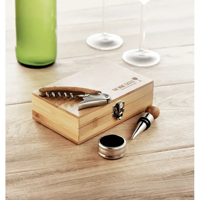 Set de vin din bambus desfacator de vin din lemn deschis si metal in cutie asortata pentru cadou