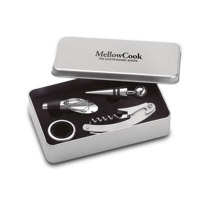 Set de vin argintiu din metal in cutie eleganta din tabla pentru desfacerea sticlelor de vin