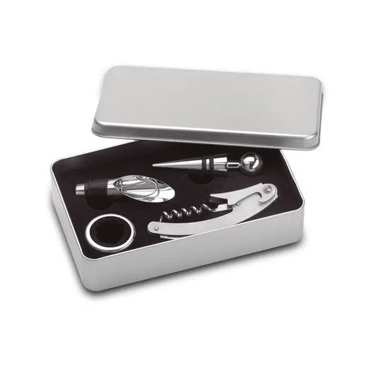 Set de vin argintiu din metal prezentat într-o cutie elegantă de tablă pentru cadou