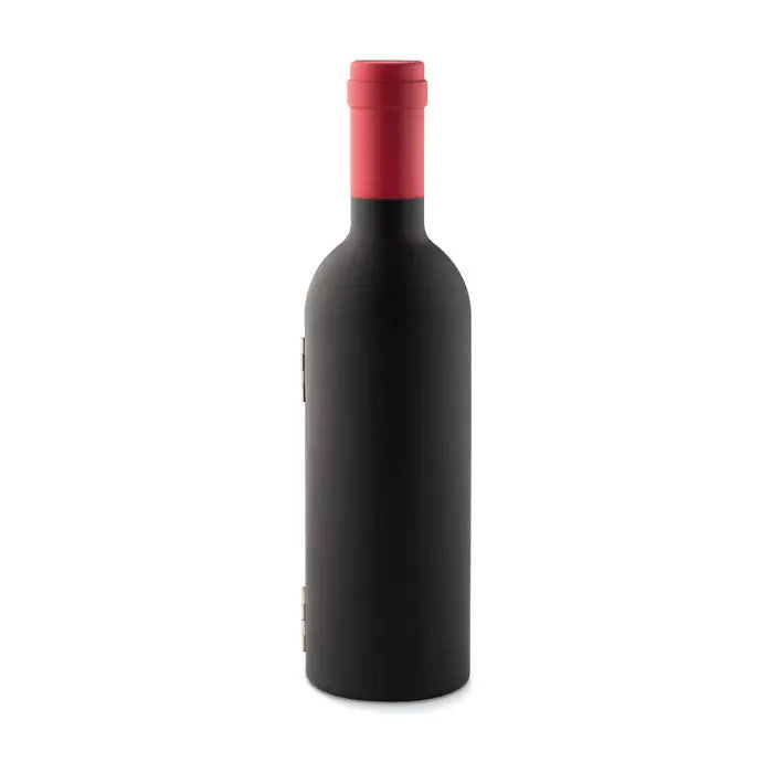 Set de vin in forma de sticla cutie neagra tip sticla cu dop invelit in folie rosie perfecta pentru cadouri