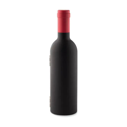 Set de vin in forma de sticla cutie neagra tip sticla cu dop invelit in folie rosie perfecta pentru cadouri