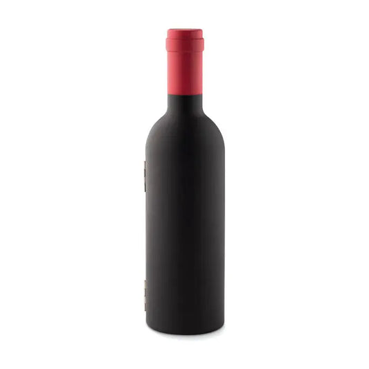 Set de vin in forma de sticla cutie neagra tip sticla cu dop invelit in folie rosie perfecta pentru cadouri