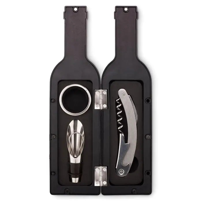 Set de vin in forma de sticla cu toc negru conținând tirbușon și picurator argintiu din metal