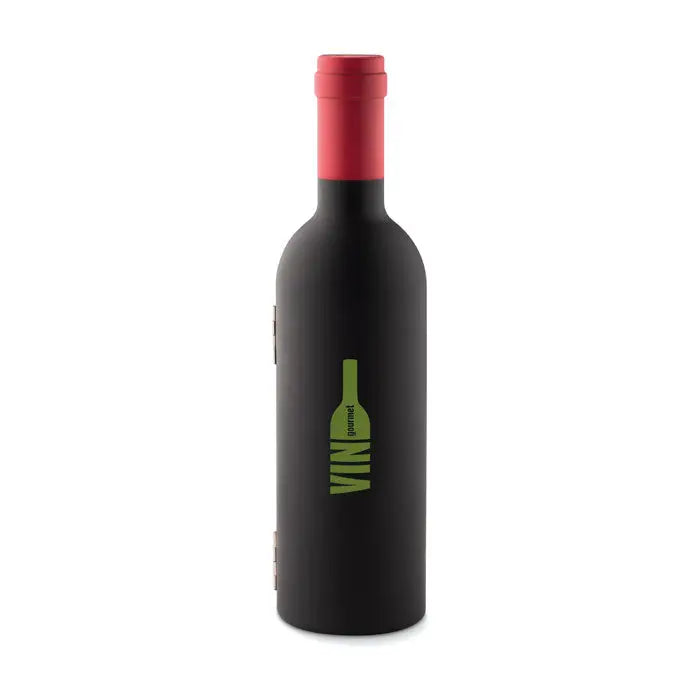 Set de vin in forma de sticla negru cu capac rosu si branding lime green vin pe carcasa tip sticla de vin