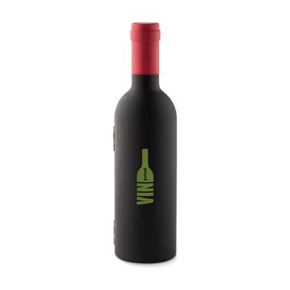Set de vin in forma de sticla negru cu capac rosu si branding lime green vin pe carcasa tip sticla de vin