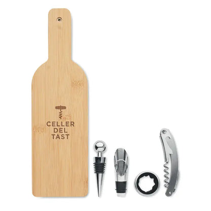 Set de vin in forma de sticla cu tocator de bambus gravat si set accesorii vin complet
