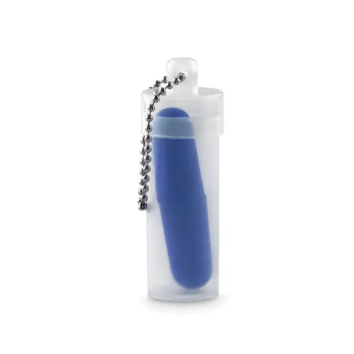Set dopuri pentru urechi albastru din silicon in tub plastic transparent cu lant argintiu