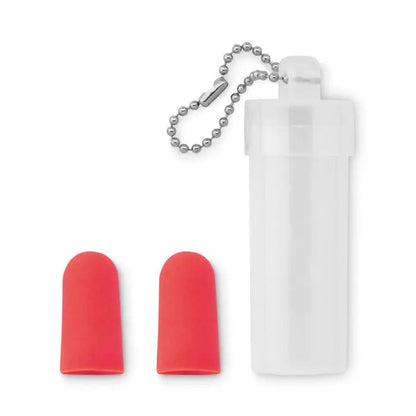 Set dopuri pentru urechi in tub de plastic transparent cu lant argintiu si doua dopuri rosii din silicon