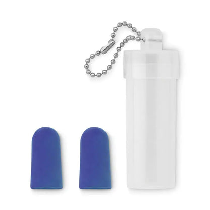 Set dopuri pentru urechi albastre din silicon in tub de plastic transparent cu lant metalic argintiu