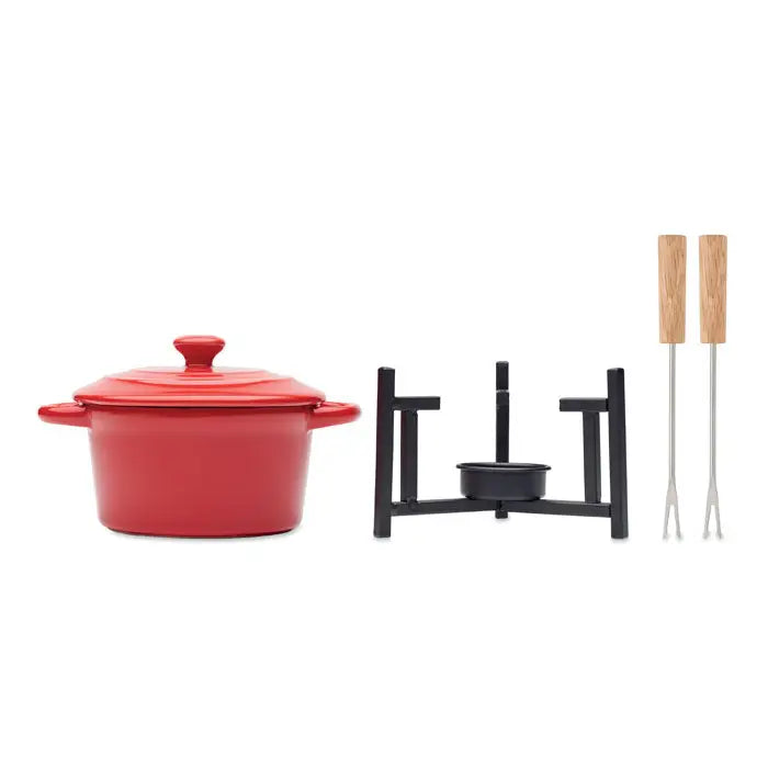Set fondue ceramica 300 ml vas din fonta emailata rosie cu capac si doua manere laterale