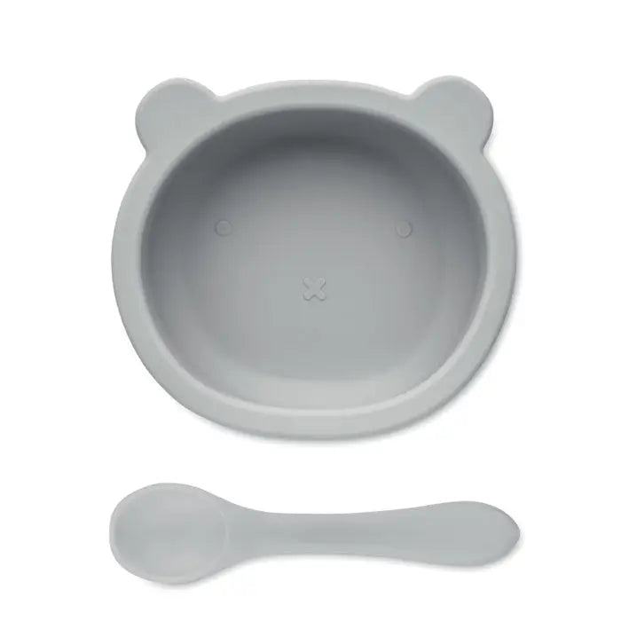 Set lingura din silicon cu bol pentru bebelusi gri in forma de ursulet cu lingurita asortata din silicon