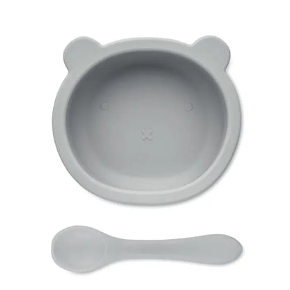 Set lingura din silicon cu bol pentru bebelusi gri in forma de ursulet cu lingurita asortata din silicon
