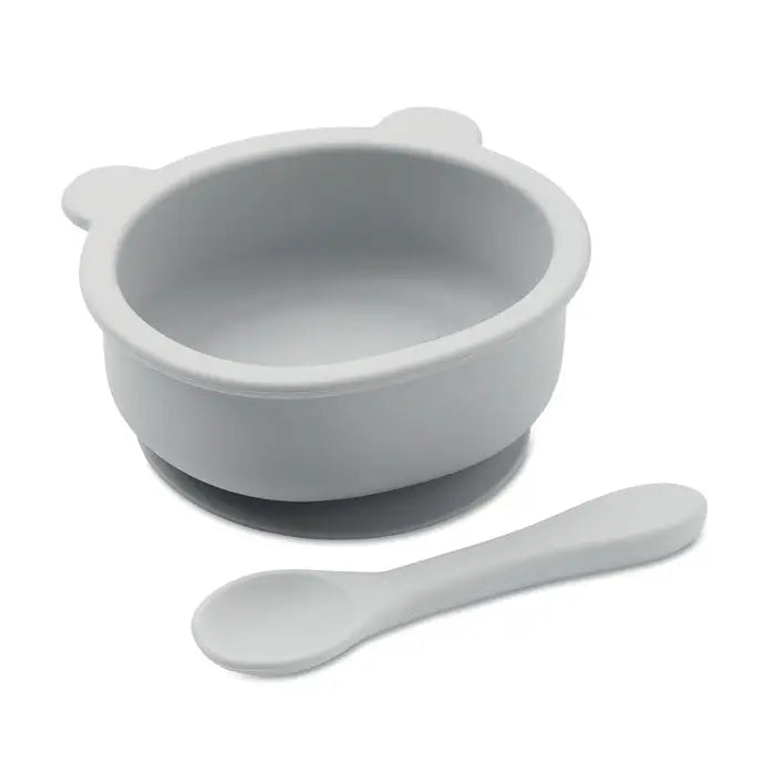 Set lingura din silicon gri cu bol pentru bebelusi si manere in forma de urechi de urs