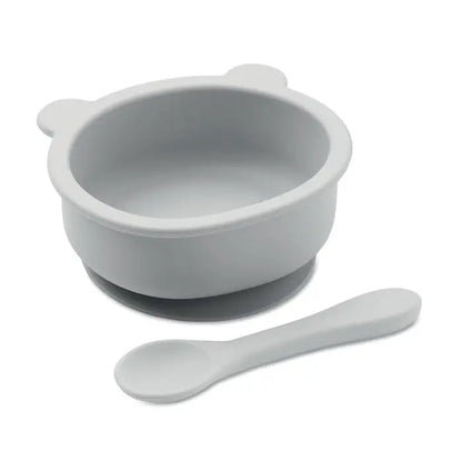 Set lingura din silicon gri cu bol pentru bebelusi si manere in forma de urechi de urs