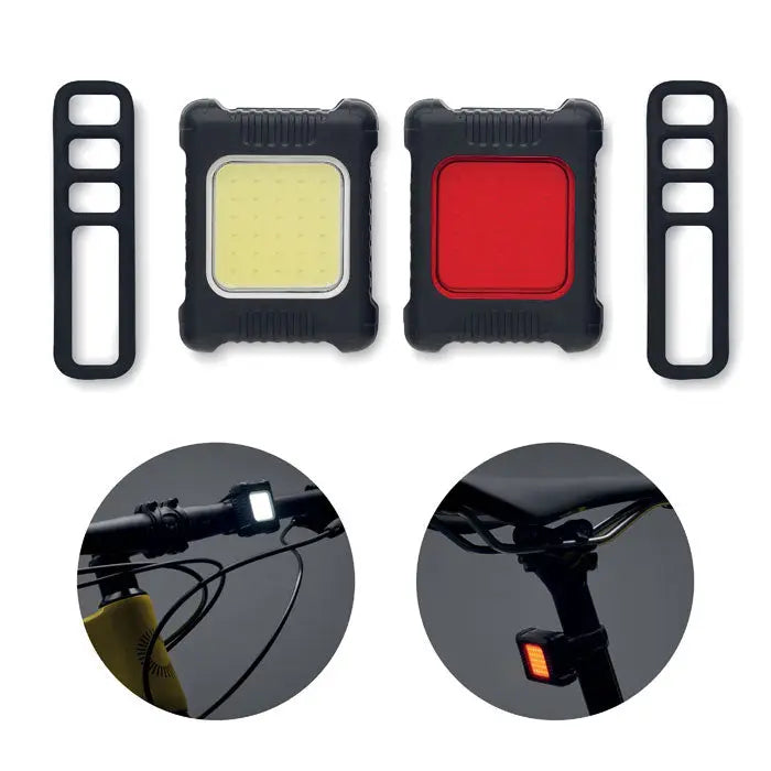 Set lumini reincarcabile pentru bicicleta negru cu led galben fata si reflector rosu spate in carcasa plastic rezistenta