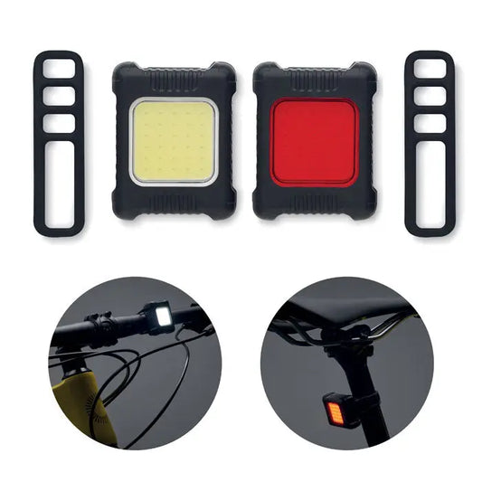 Set lumini reincarcabile pentru bicicleta negru cu led galben fata si reflector rosu spate in carcasa plastic rezistenta